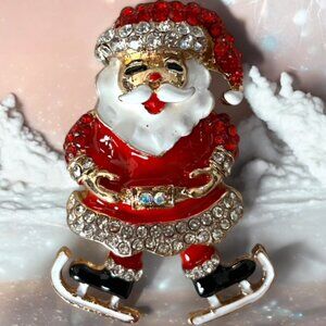 Charming Santa & Skate Shoes Brooch Pin with Sparkling Faux Crystals RED